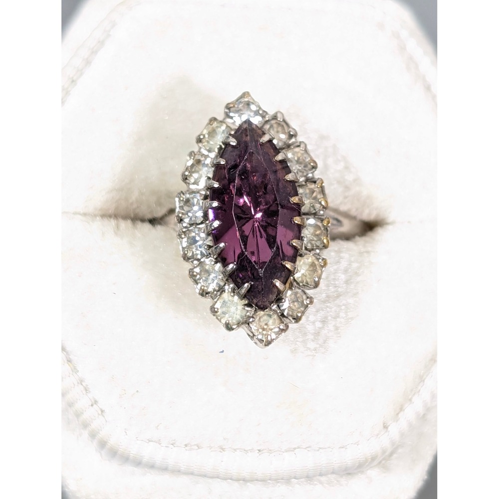 Vintage Purple‎ Rhinestone Navette Halo Cocktail Ring Silver Tone Size 6